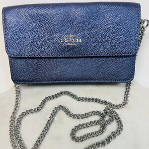 Coach Sm Purple Leather Wallet Crossbody Bag Purse Chain Metallic Multicolor